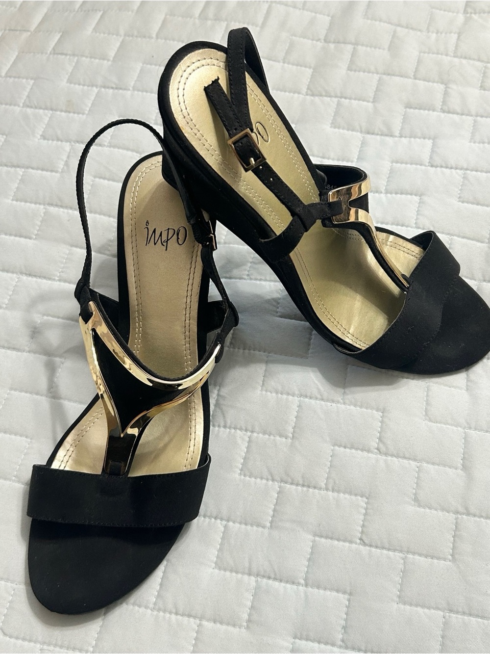 Impo Black and Gold T-Strap Dress Heels